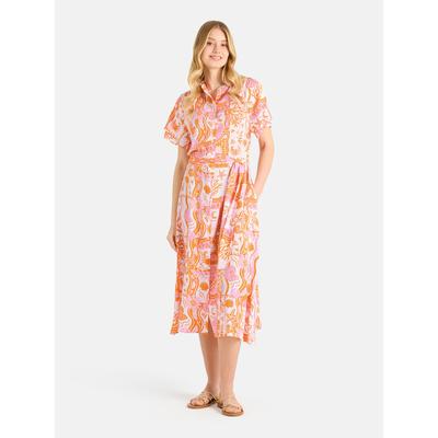 Midikleid LIEBLINGSSTÜCK "ElnaL", Damen, Gr. 46, N-Gr, bunt (orange), Web, Obermaterial: 100% Viskose, gemustert, tailliert Midi, Rundhals, Lagenoptik, Kleider Midikleid, mit Taillengürtel, kragenlos