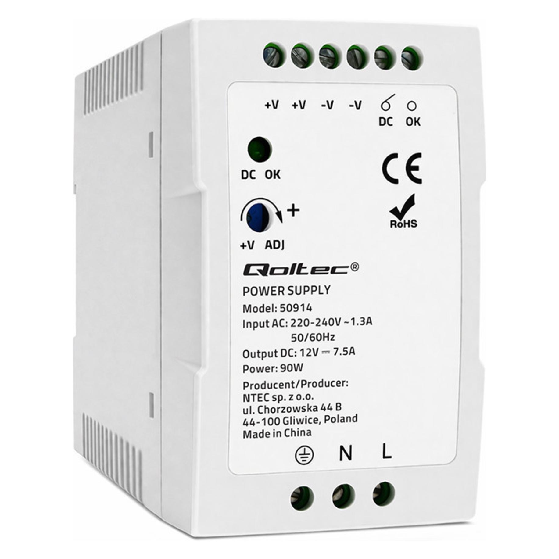Qoltec 50914 DIN-Schienen-Netzteil | 90W | 12V | 7 5A | Weiss | Schlank (90 W) (50914)