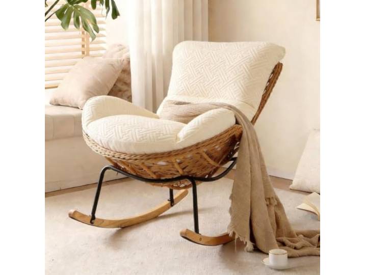 TINGMIAN Handgefertigter Rattan-Webstuhl, bequemer Lounge-Stuhl Bequemer Loungesessel aus PU-Leder, gepolstert, für Erwachsene, ideales Wohnzimmer oder Schlafzimmer (Streifenweiß)