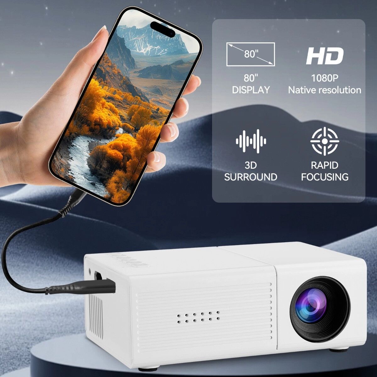 INF Projecteur Portable Pour la Maison - Mini Projecteur avec HDMI, USB, Carte TF, Entrée AV, Haut-parleur 3W Intégré et Blanc