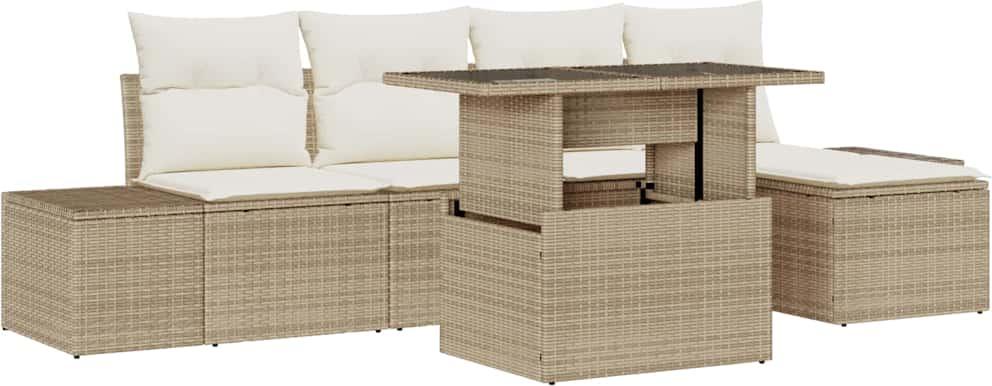 Gartenmöbel-Set, 6-teiliges Sofa-Set mit Stauraum, höhenverstellbarer Tisch, Poly-Rattan, Beige, 4 Sitzplätze, modular, UV-beständig