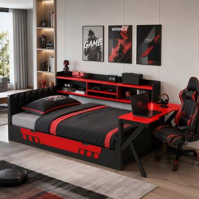 Gaming Bed Frame with Desk and Storage Shelves, LED Lights & Charging Station, Bookcase, Space-Saving Bed Frame