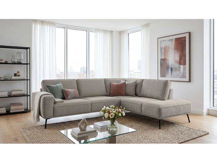 Ecksofa, Beige, 260x208 cm, Chenille, Ottomane Rechts, Skandinavisch, andas