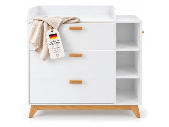 agionda NUI Baby Wickelkommode Wickeltisch mit Wickelaufsatz, 3 Schubladen, Wickelaufsatz abnehmbar, 109 cm, Weiß