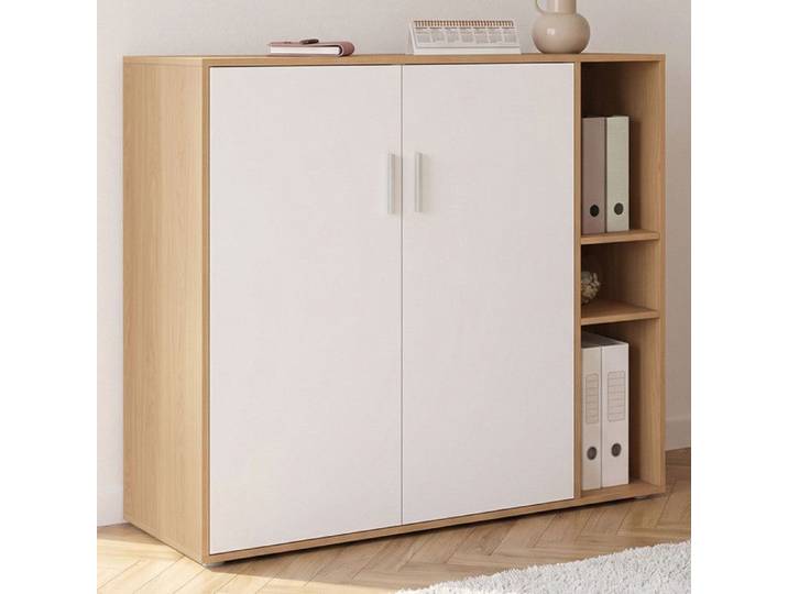 Armoire basse de bureau MARIA 2 portes et étagères bois et blanc