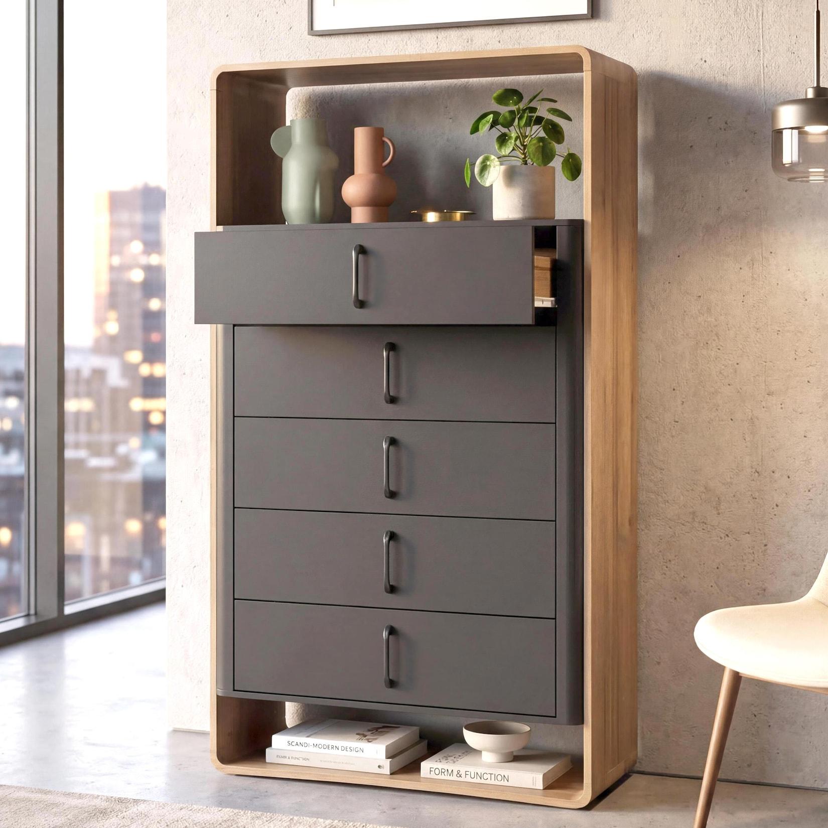 Kommode MCW-P43, Schrank Sideboard Highboard, 6 Schubladen MDF 80x120x42cm ~ Rivera-Eiche-Optik, dunkelgrau