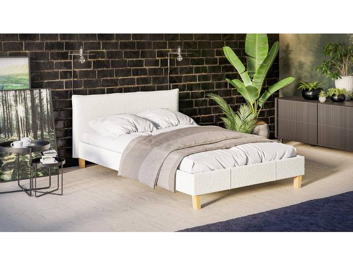 S-Style Möbel Polsterbett Salvatore, Boucle Stoff und Füße aus Massivholz, Hochelastischer Polyuretanschaum
