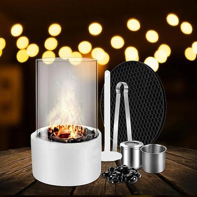 Tischfeuerstelle mit Glassteinen, kleine runde Terrassenkaminschale mit Matte, tragbare Wohndekoration, lang anhaltende Flamme, 2 austauschbare Brennkammern