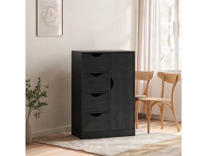 Meuble de rangement 1 porte 4 tiroirs noir 54x29x83 cm style scandinave