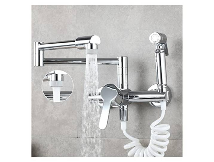Küchenarmatur, Klappbarer Wasserhahn mit Messing-Topffüller und Seitensprüher, Küchenarmatur Schwenkarm Doppelfunktionsgelenk(Dual function faucet-02)