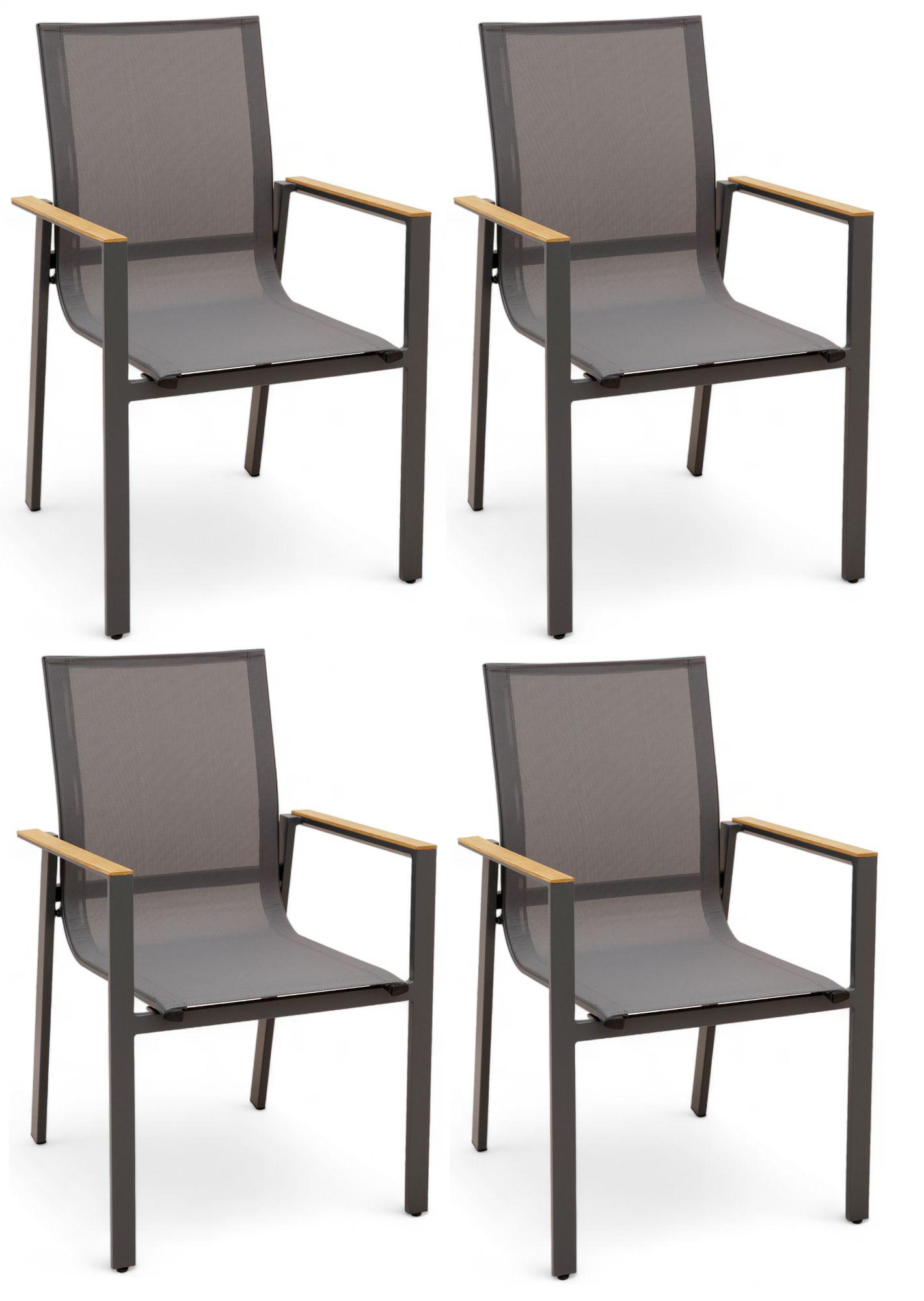 4x ALEOS. Gartenstuhl mit Armlehne Gartensessel Stapelstuhl Stapelsessel Sessel TRINIDAD Aluminium Textilgewebe Teak stapelbar