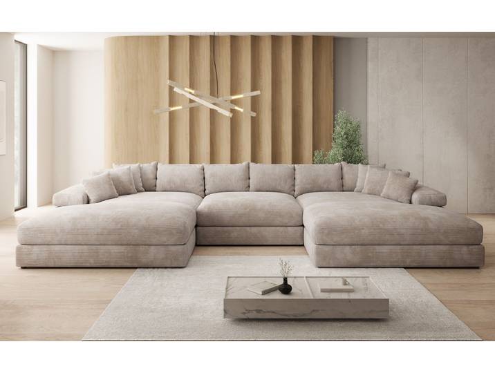 Designer Sofa Bernardo U mit breiter Ottomane in Cord - Salbei - Cord - Luxusbetten24