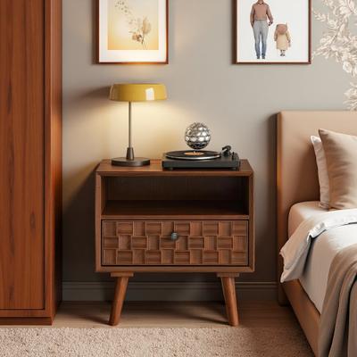 ZWYO HOSIMU 22 Inch Solid Wood MDF Nightstand with 1 Drawer, Open Shelf, Geometric Drawer Front, Mid Century Bedside Table for Bedroom