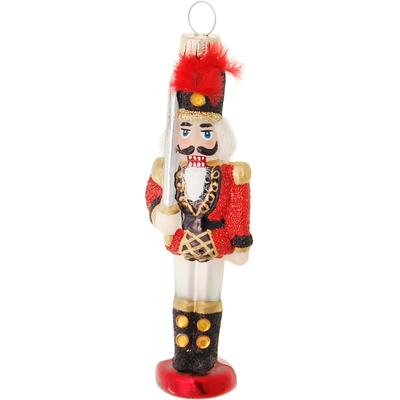 Christbaumschmuck KREBS GLAS LAUSCHA "Nussknacker mit Gewehr", rot (mehrfarbig), B:4cm H:11cm T:4cm Ø:11cm, Glas, Weihnachtsbaumschmuck, Glas, 1 Stück