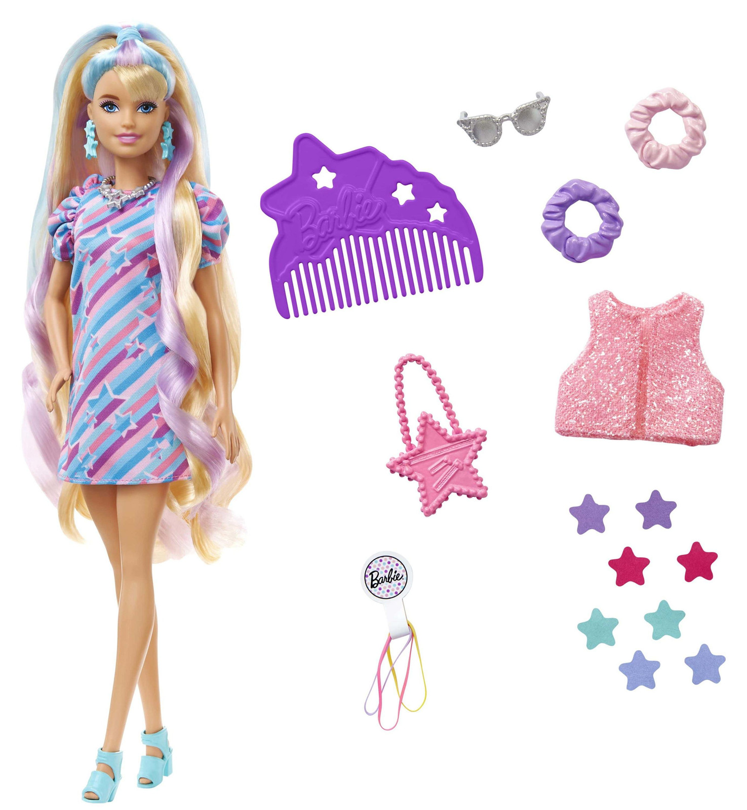 Barbie Totally Hair pop met blond en regenboogkleurig haar en stylingaccessoires