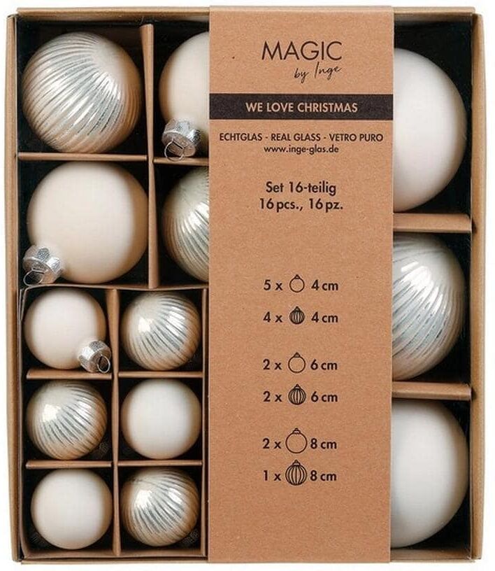 Weihnachtsbaumkugel "INGES CHRISTMAS DECOR 4 6 und 8 cm 16 Stück", silber (alt weiß), Glas, Weihnachtsbaumkugeln, Weihnachtsbaumkugel alt weiß Einheitsgröße