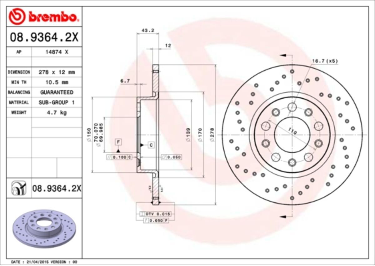 Bremsscheibe BREMBO 08.9364.2X, hinten, gelocht, perforiert, voll, 1 Stück