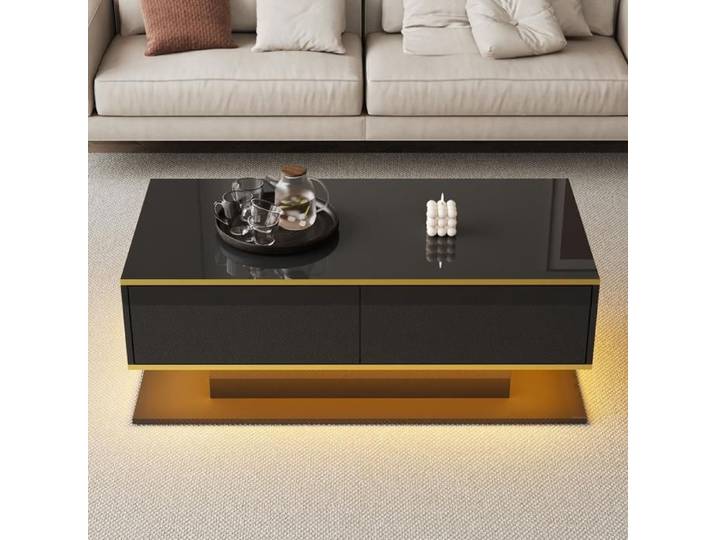Table basse rectangulaire - 100x50x40cm - LED - bordure dorée 3 tiroirs - finition brillante - Noir