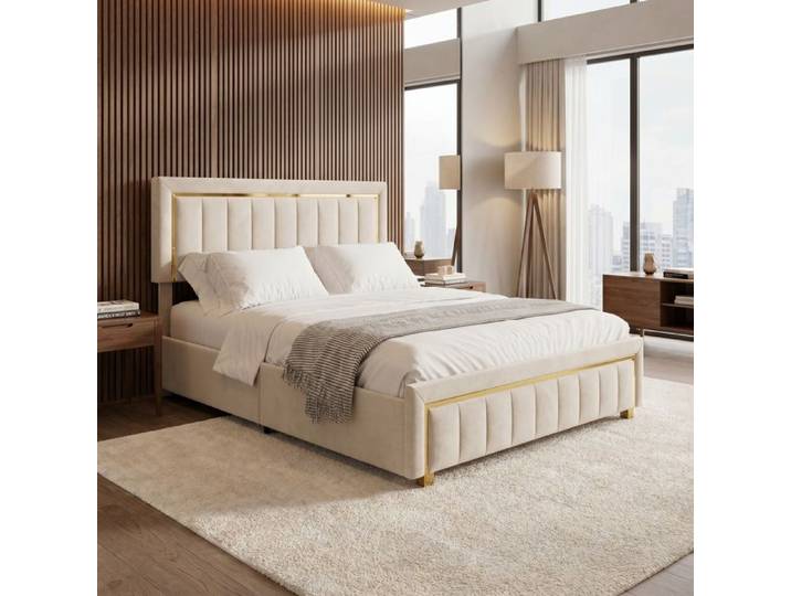 Structure de lit - Lit coffre 160x200 - RWUDV - Lit double 160x200 cm - Lit rembourré - Lit 160x200 - Sommier - en Velours beige