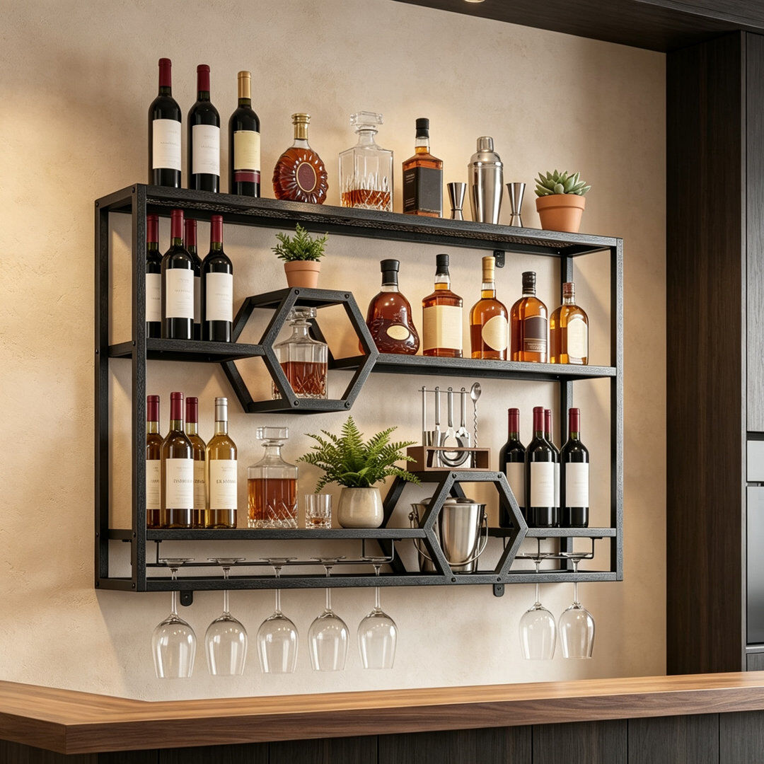 Rio Wine Bottle & Glass Rack Black Black 77cm H X 120cm W X 20cm D