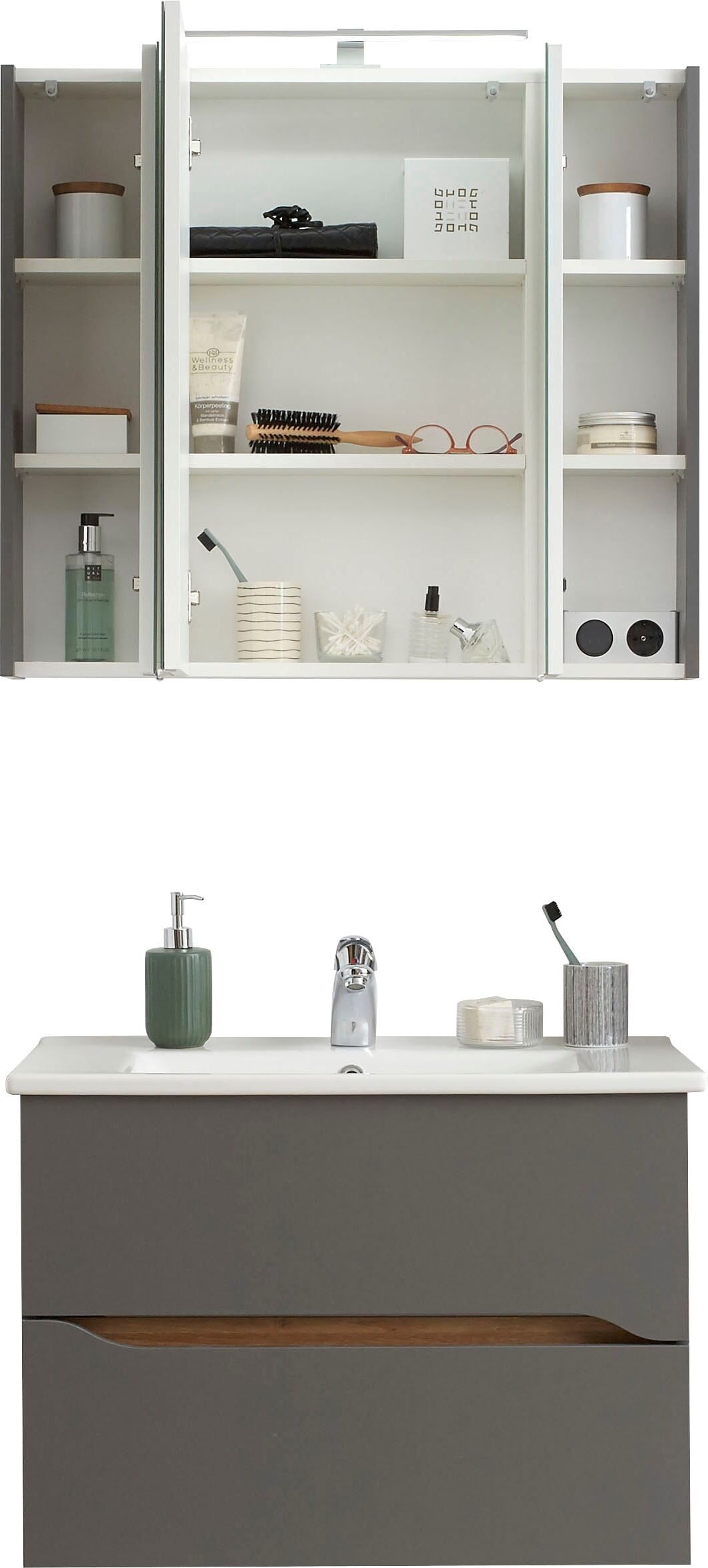 Badmöbel-Set SAPHIR "Quickset 2-teilig, Keramikwaschtisch mit LED-Spiegelschrank", grau (quarzgrau matt, akzent riviera eiche quer nb), Kastenmöbel-Sets, Badmöbel-Set, 80 cm breit, 2 Schubladen, 3 Spiegeltüren, 6 Einlegeböden quarzgrau matt, akzent rivier