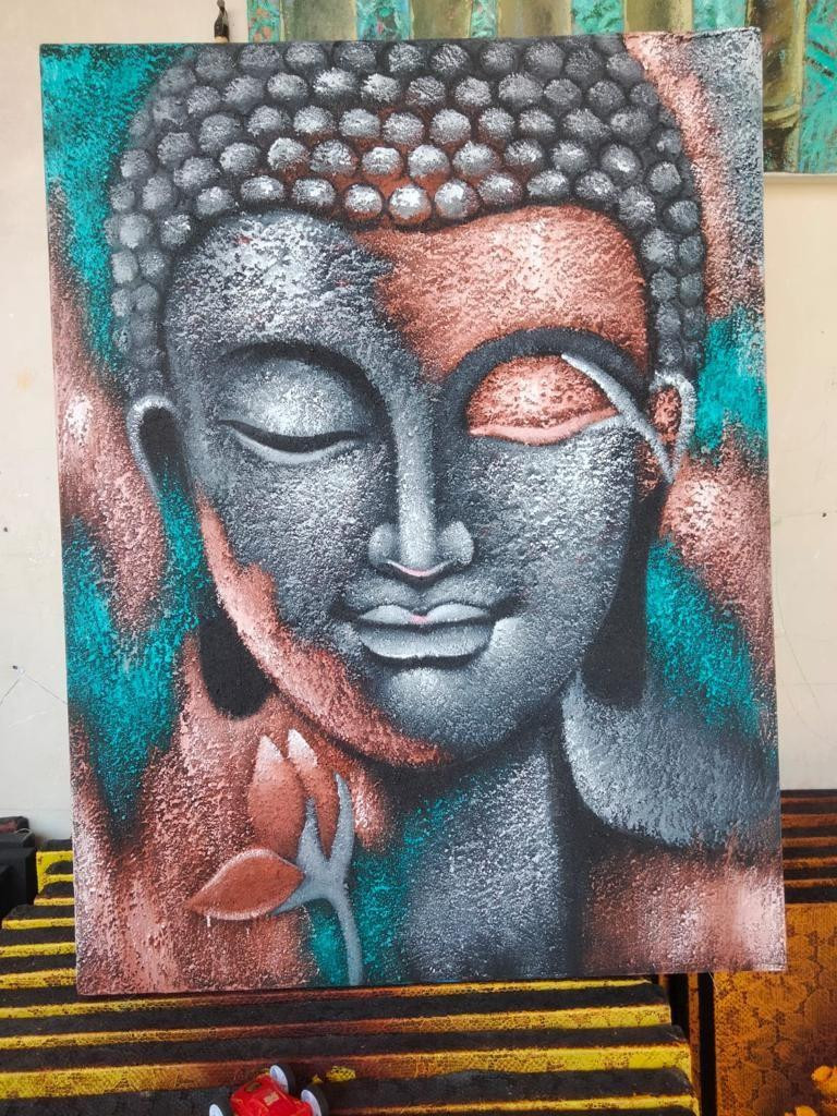 Ancient Wisdom Pintura Boeddha schilderij met zilveren en roze gouden bloem