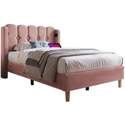 Polsterbett 90x200 cm mit USB Typ-C Ladefunktion – rosa Samt für hohen Komfort und praktischen Nutzen