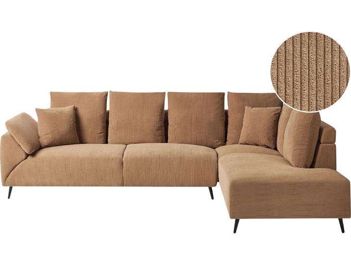BELIANI 4-Sitzer Ecksofa Linksseitig Braun Cordbezug mit Dekokissen Hohe Schwarze Metallbeine Abziehbare Kissenbezüge Modern Trendig Polstersofa