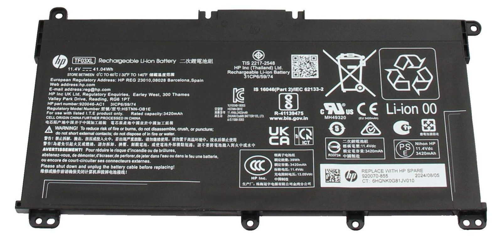 HP Batterijmodule 3C, 41Wh, 3,6Ah, Lithium-ion, Type TF, 920070-856