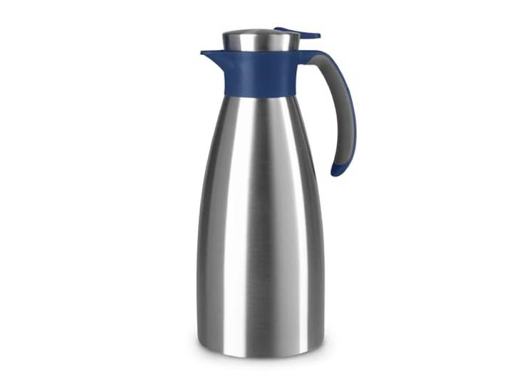 Emsa Soft Grip Isolierkanne, 1,5 Liter, Edelstahl, 12 Stunden heiß + 24 Stunden kalt, Auslaufsicher, Rutschfester Griff, Farbe Blau N4120400