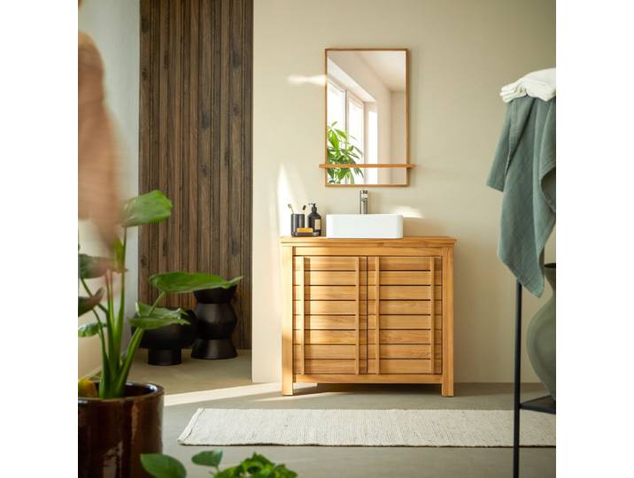 Waschtischunterschrank aus massivem Teakholz 90 cm - Natur - Teak