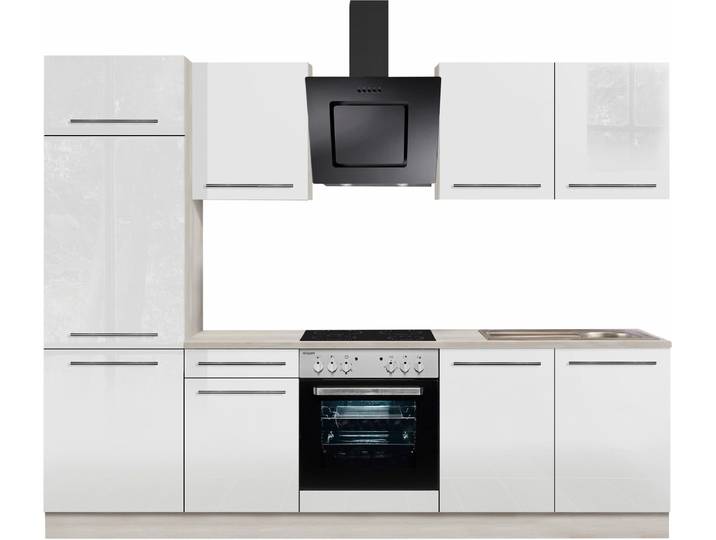 Küchenzeile, Spanplatte, Weiß Hochglanz & Akaziefarben, 270×60 cm, Mit E-Geräten, OPTIFIT Bern