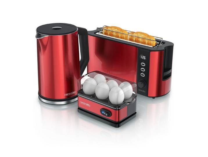 Arendo Frühstücks-Set Edelstahl Wasserkocher 1,5l, Eierkocher 6 Eier, 4-Scheiben Toaster rot (3-tlg), Langschlitz Brötchenaufsatz, Wasserkocher Temperatureinstellung