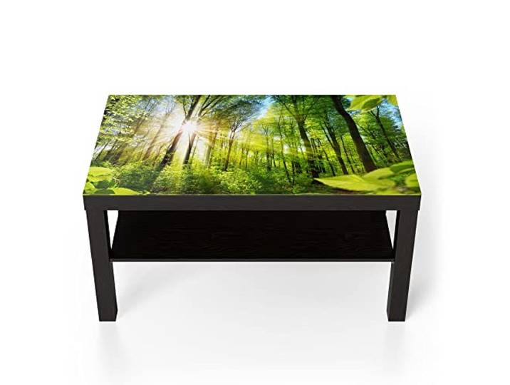 DEQORI Glastisch schwarz groß 90x50 cm Motiv Licht durchdringt Bäume ausgefallener Beistelltisch aus Glas Hochglanz Couchtisch fürs Wohnzimmer moderner Couch Tisch mit Design