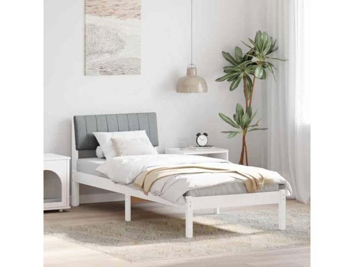 Massivholz Kiefer Modernes Design mit Kopfteil Einzelbett Weiß 75 x 190 cm Bettgestell Massivholz Kiefer 75x190 cm Bett mit Polster Kopfteil Weiß Hellgrau Jugendbett Einzelbett Lattenrost Stabil