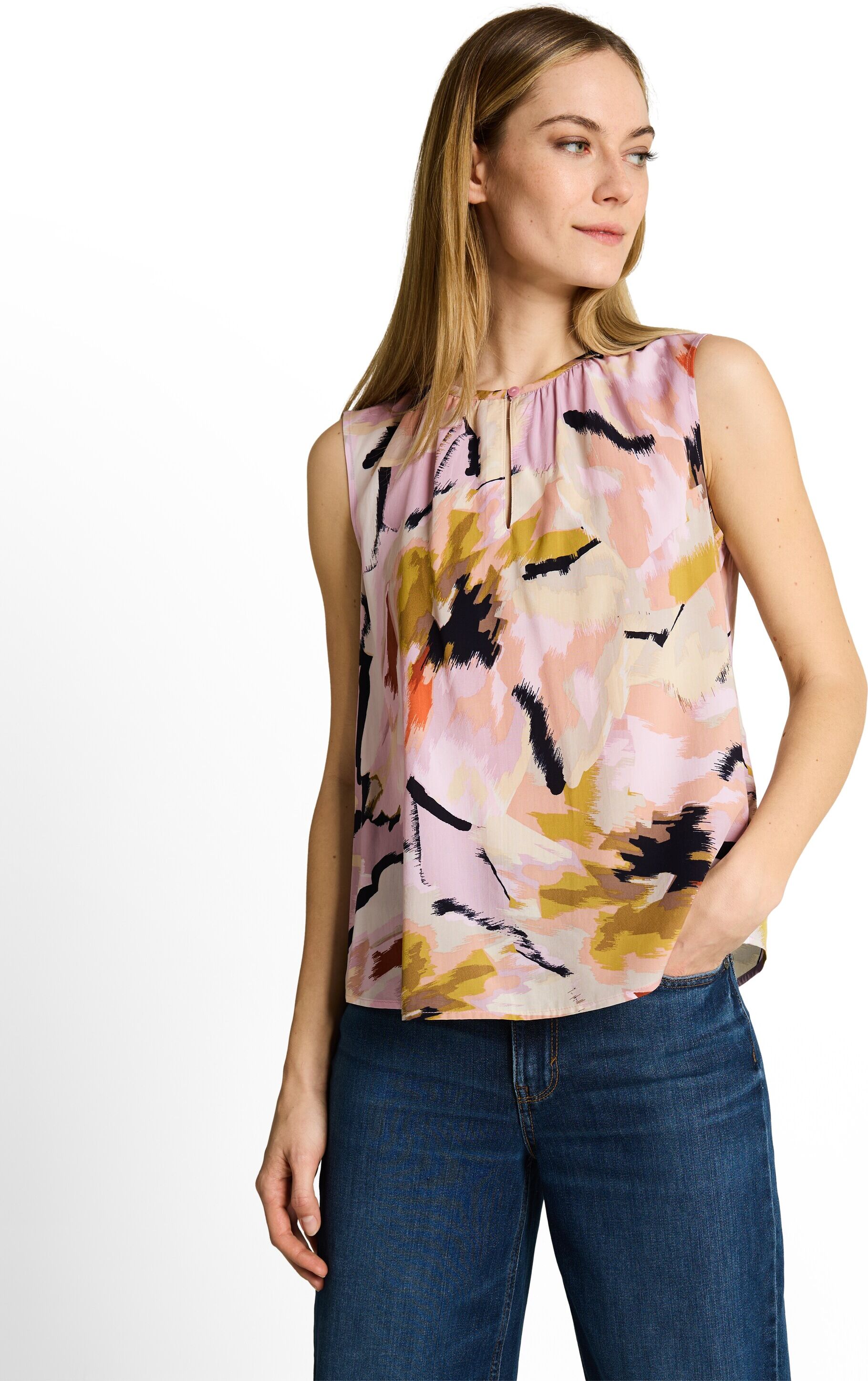 Blusentop TOM TAILOR, Damen, Gr. 34, bunt (big abstract flower print), Web, Obermaterial: 70% Viskose, 30% Lyocell, geblümt, regular fit hüftbedeckend, Rundhals, Blusen Blusentop, mit Allover-Muster und mit Viskose big abstract flower print 34