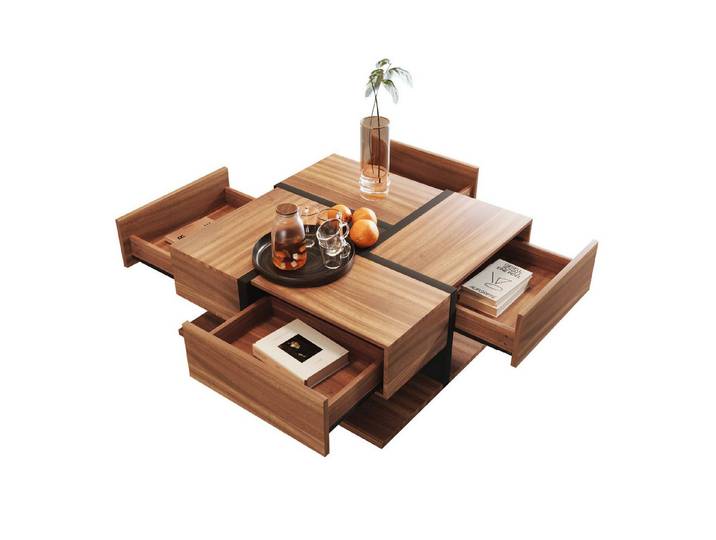 Rutaqian Couchtisch Beistelltisch mit 4 Schubladen, Stauraum unten, 78x78x36 cm (Couchtisch, Einzigartige Farbabstimmung und Liniendesign)