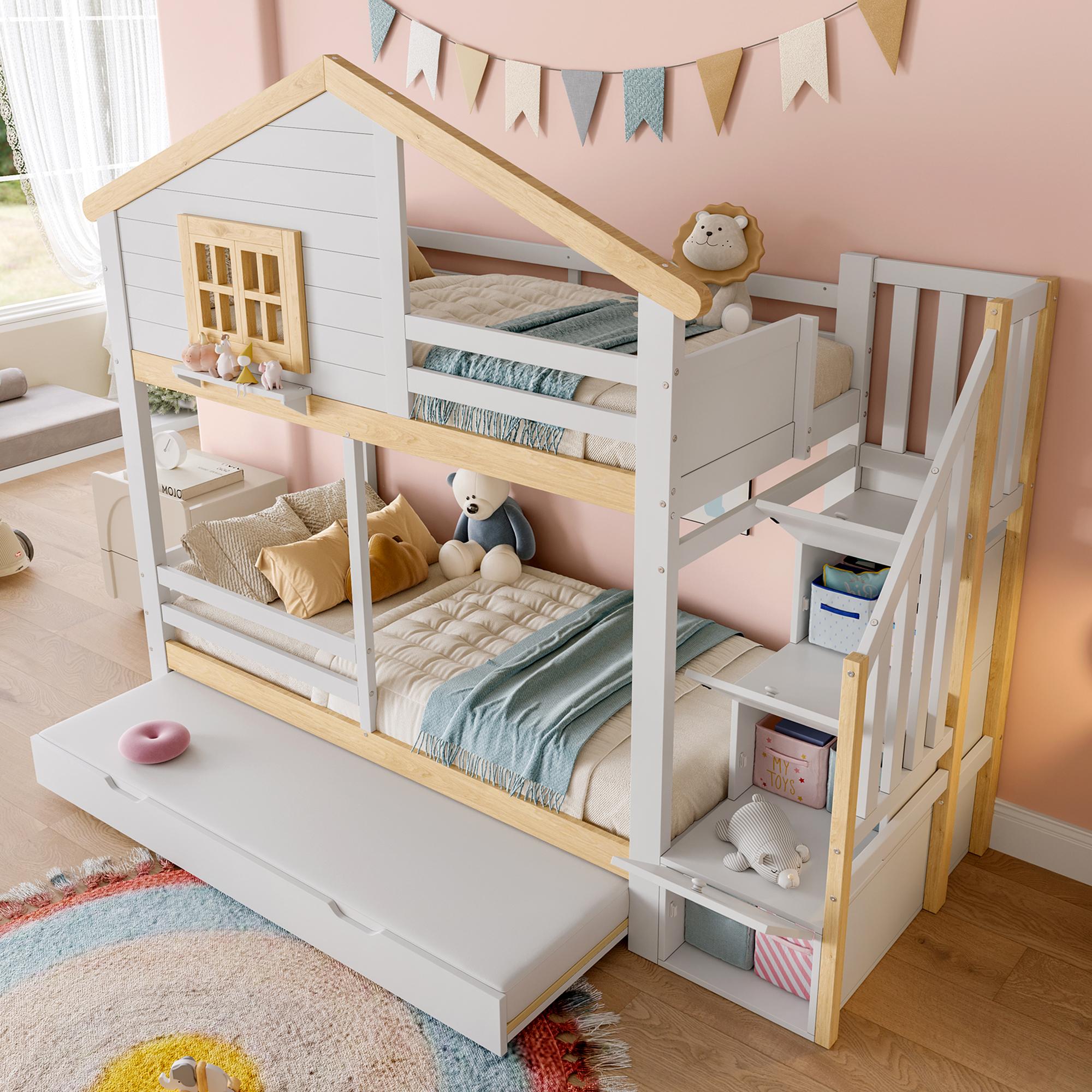 okwish Etagenbett 90x200 mit Stauraum,Kinderbett Bettgestell mit Ausziehbares,Holzbett Jugendbett mit Stauraumleiter und Hausleiste,Weiß + Natur,hne Matratze