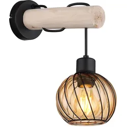 LED Wandleuchte Holzlampe Glasschirm rund Wandlampe amber Glas Wohnzimmerlampe Holz Glas amber, Metall, 6W 806Lm warmweiß, LxBxH 27x13x30 cm