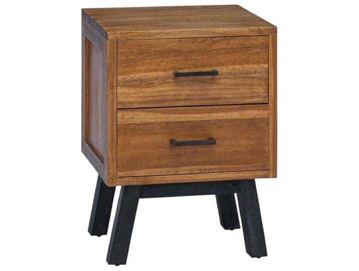 Fisinber Nachttisch Massivholz Teak mit 2 Schubladen 40x35x55 cm Kompakte Kommode aus echtem Holz für das Schlafzimmer, mit stabilen schwarzen Metallbeinen und D-Griffen für Dekoration.