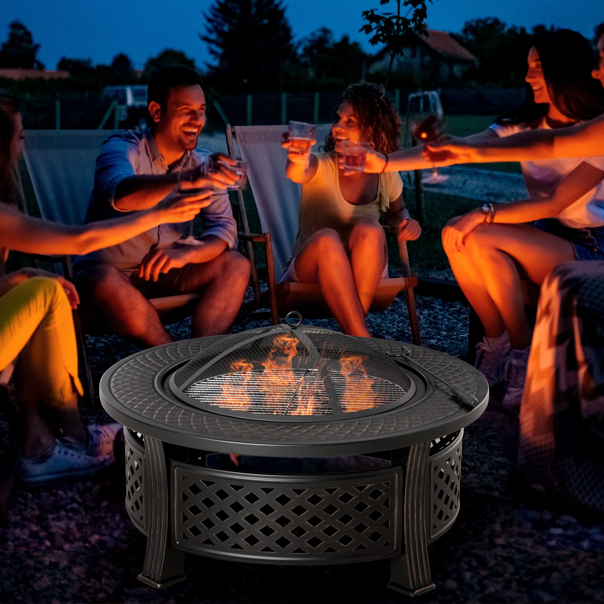 Outsunny Braciere con Attizzatoio Parascintille Cesto del Fuoco Tavolo da Fuoco rotondo Focolare per Giardino Campeggio BBQ Acciaio Nero 81 x 81 x 50 cm   Aosom Italy