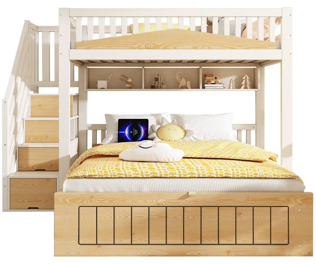 Kinderetagenbett - Etagenbett aus Holz 90x200/140x200 cm - Versetztes Design - Hydraulischer Stauraum - Treppe - Sicherheitsgitter - USB-C-Anschluss - Naturweiß