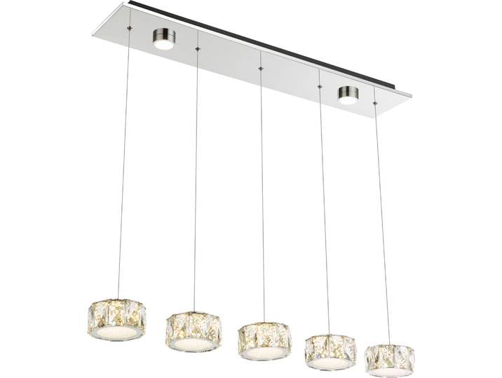 Globo Lighting Hängeleuchte Metall verchromt, Acryl, Glaskristalle klar, Kabel PVC transparent, Höhe kürzbar, 2 LED Spots in Deckenplatte, LxBxH: 820x160x1200mm, inkl. LED 52W 230V, 5560lm Source, 3700lm Output, 4000K