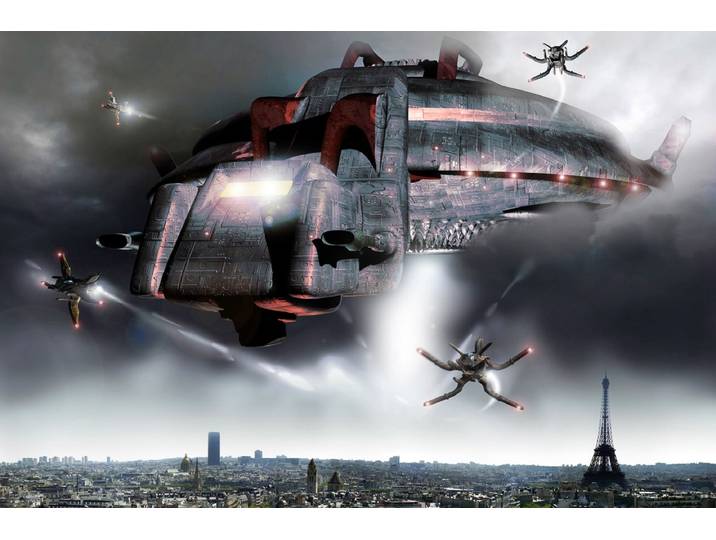 Fototapete PAPERMOON Raumschiffe über Paris , bunt, B:5m L:2,8m, Vlies, Tapeten, Fototapete