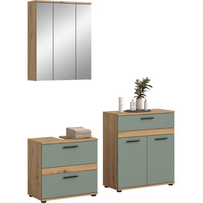 Badmöbel-Set WELLTIME "LUCCA, 3-teilig, hochwertige MDF Front", grün (artisan eiche nachbildung, salbei), B:146cm H:191cm T:34cm, Holzwerkstoff, Kastenmöbel-Sets, Badmöbel-Set