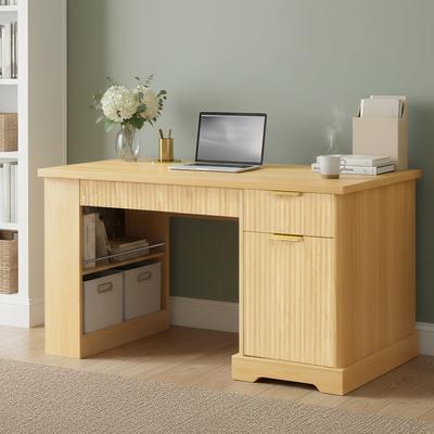 Kodotan sofa "55"" Modern Fluted Office Desk with Storage Cabinet & Drawers, Computer Writing Desk with Power Outlet, Pegboard"