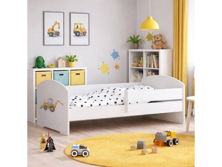 Lit enfant LUK 80x160 cm pour garçon avec sommier et barrière de sécurité – lit enfant motif pelleteuse