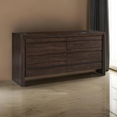 Benjara Oxo 64 Inch Dresser, 6 Drawers, Carved Handles, Chocolate Brown Wood