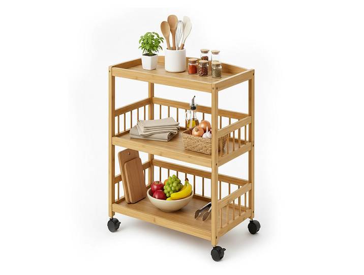 Relaxdays Küchenwagen Natur Schwarz Bambus 3 Ebenen auf Rollen, Hellbraun, Holz, Kunststoff, 53x80x30 cm, Esszimmer, Servierwagen