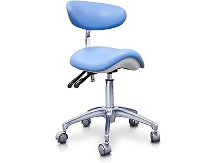 QUIRUMED Elite hydraulischer Pony-Hocker, Farbe Hellblau, multidisziplinär, Edelstahl, Kunstleder, ergonomische Rückenlehne, Polyurethan-Polsterung, höhenverstellbar